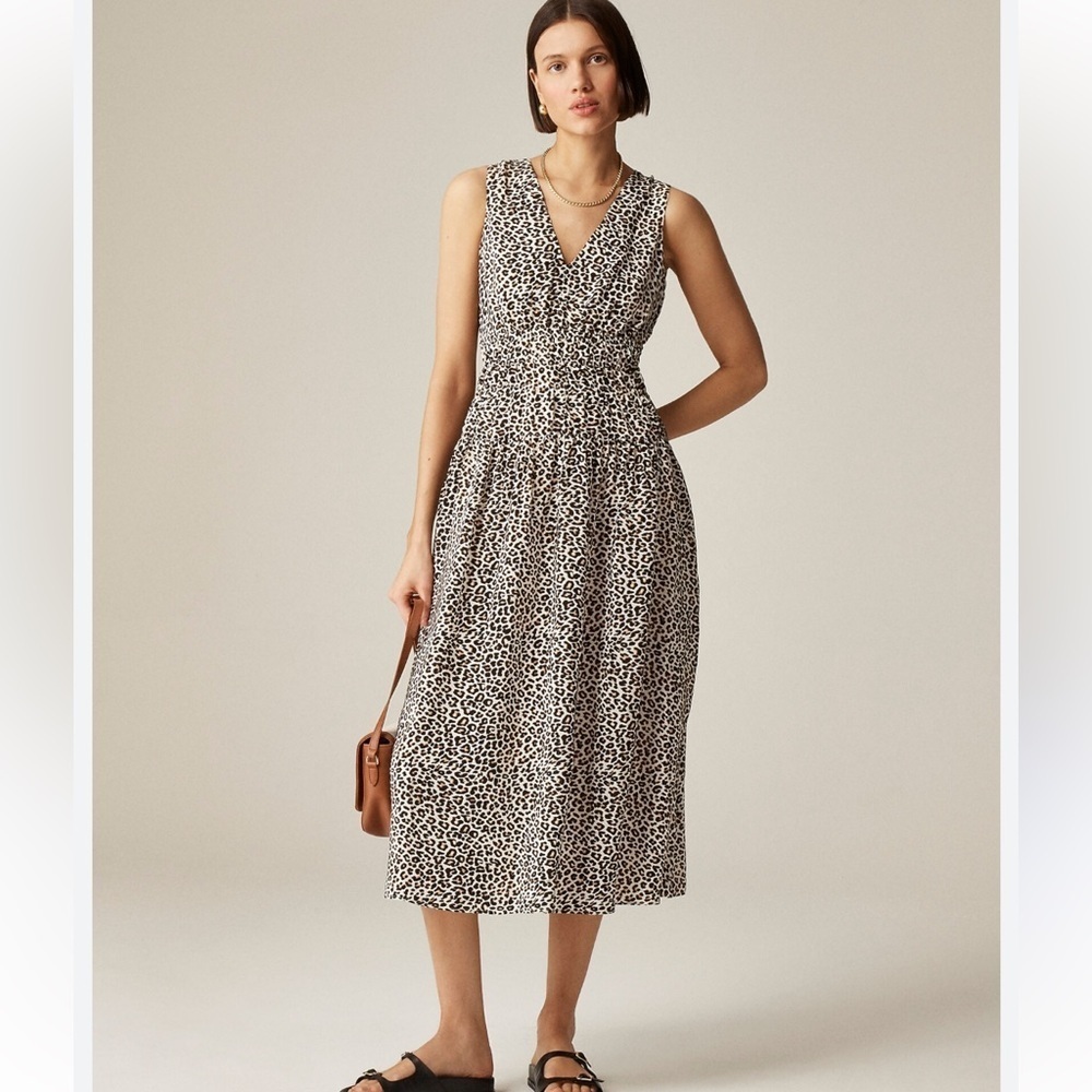 J. Crew Hyacinth Black and White Leopard Crepe De Chine Midi Dress | S